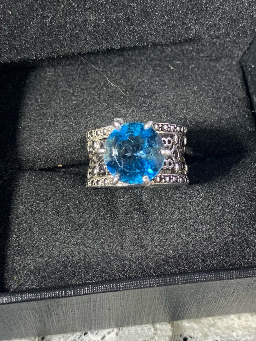 Vintage Sterling Silver Wide Band Ring with Blue Topaz Ring Gemstone